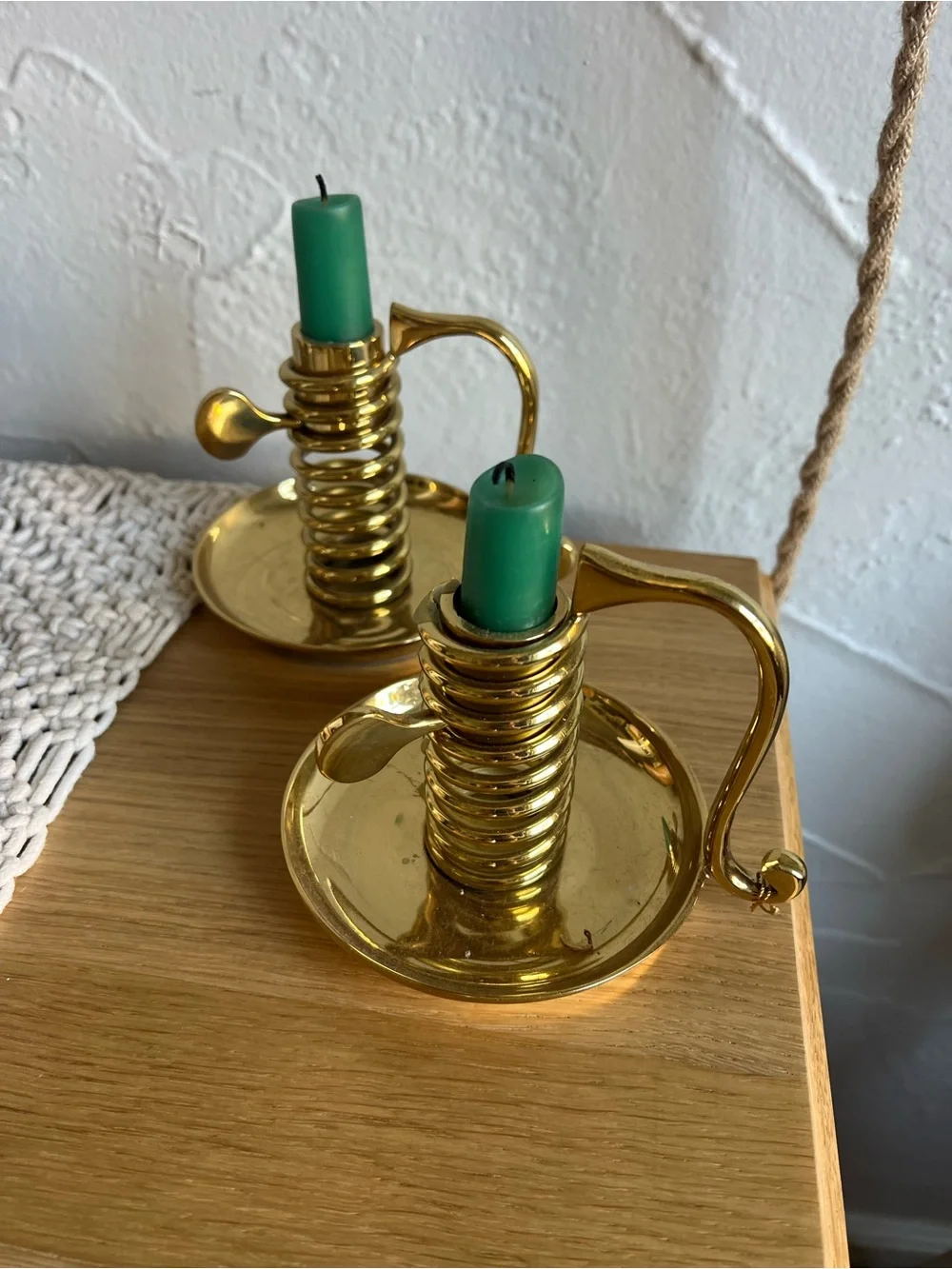 Vintage Gold Tone Coil Candlestick Holders Pair Design Chamberstick Candle